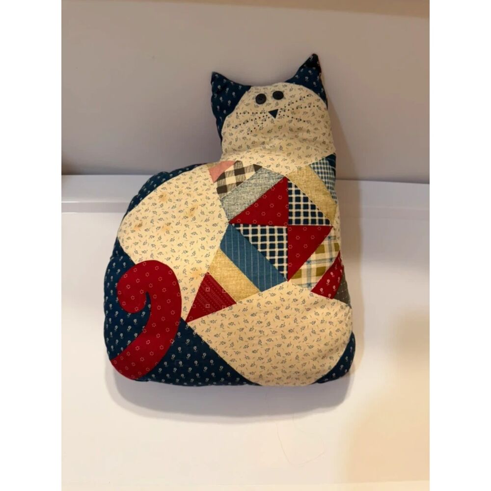Vintage 90s Country Patchwork Calico Cat Plush Throw Pillow